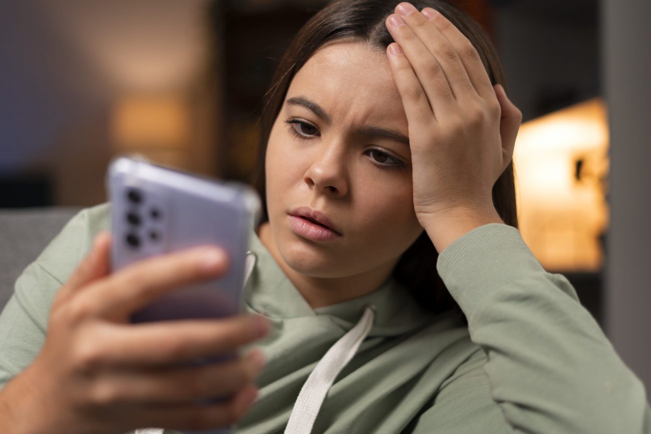 woman-phone-fp Stressed woman looking at smartphone illustrates blog "6 Things To Do If You Experience Domestic Abuse"