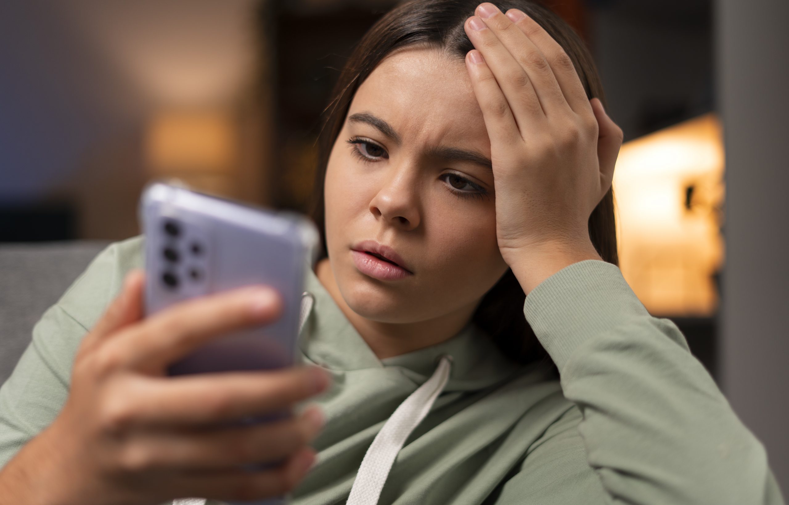 woman-phone-fp Stressed woman looking at smartphone illustrates blog "6 Things To Do If You Experience Domestic Abuse"