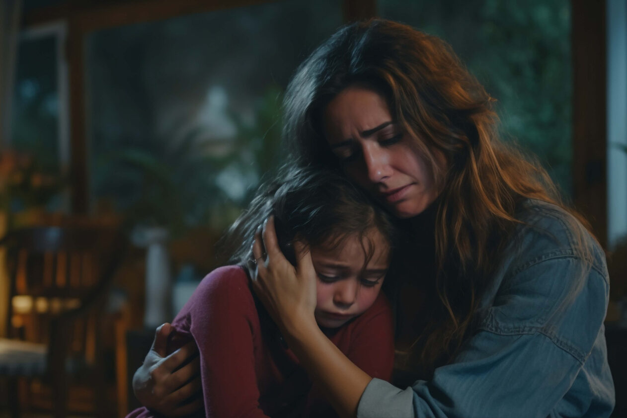 2150943411 Child comforted by a caregiver while recovering from domestic violence trauma