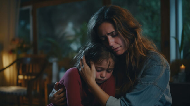 2150943411 Child comforted by a caregiver while recovering from domestic violence trauma