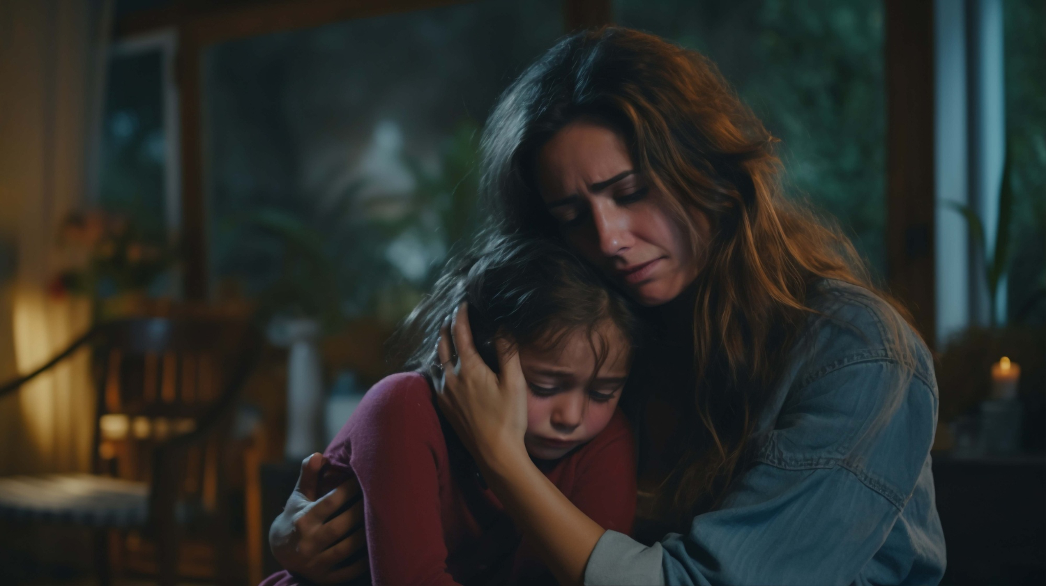 2150943411 Child comforted by a caregiver while recovering from domestic violence trauma