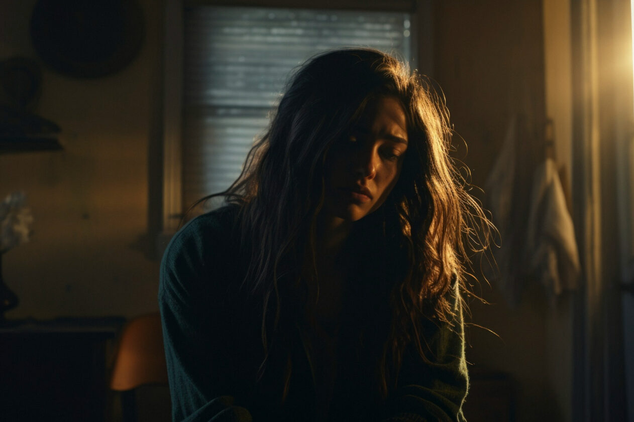 woman showing emotional abuse signs sitting alone and distressed