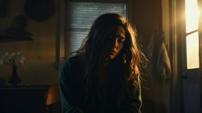 2151008052 woman showing emotional abuse signs sitting alone and distressed