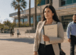 Woman leaving a courthouse with a trained protection specialist nearby, symbolizing safety and support for domestic violence survivors after leaving an abusive relationship.