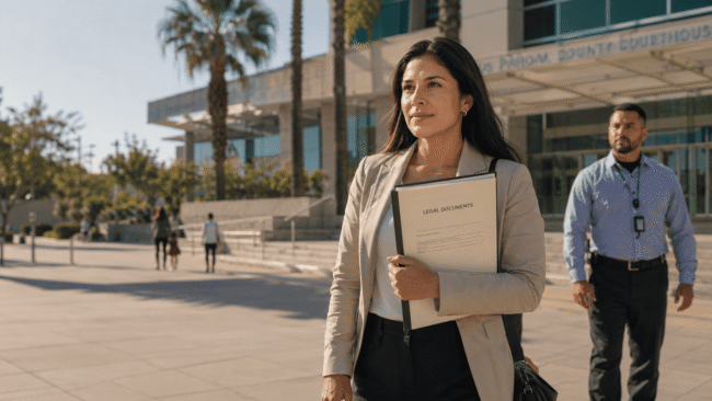 Woman leaving a courthouse with a trained protection specialist nearby, symbolizing safety and support for domestic violence survivors after leaving an abusive relationship.