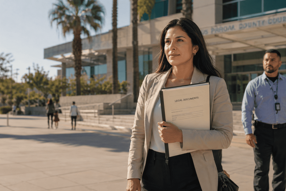 Woman leaving a courthouse with a trained protection specialist nearby, symbolizing safety and support for domestic violence survivors after leaving an abusive relationship.
