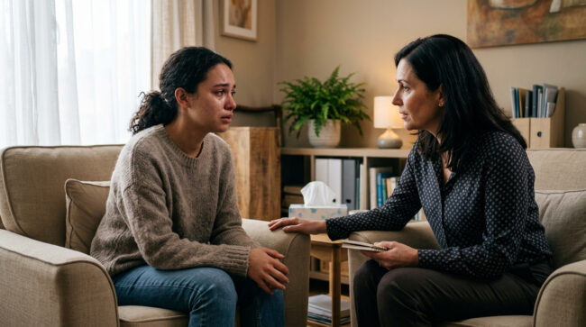 Advocate discussing emotional blackmail and relationship warning signs with a survivor