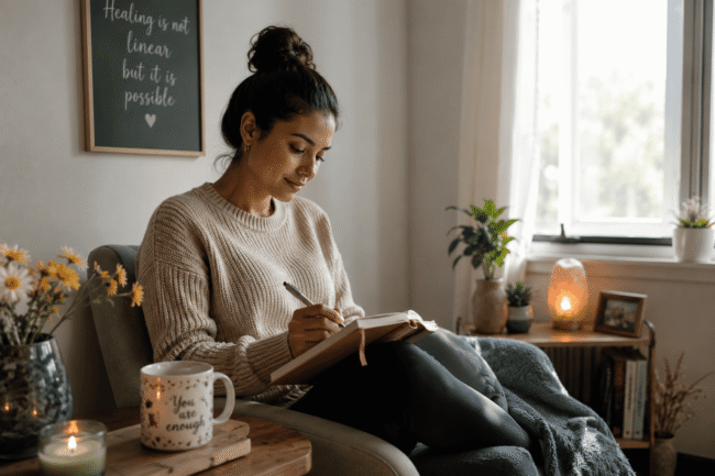 imagen-survivor-practicing-quiet-self-care-with-tea-and-journal-in-safe-room Survivor practicing self-care recovery in a calm safe space