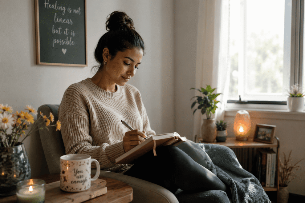 imagen-survivor-practicing-quiet-self-care-with-tea-and-journal-in-safe-room Survivor practicing self-care recovery in a calm safe space